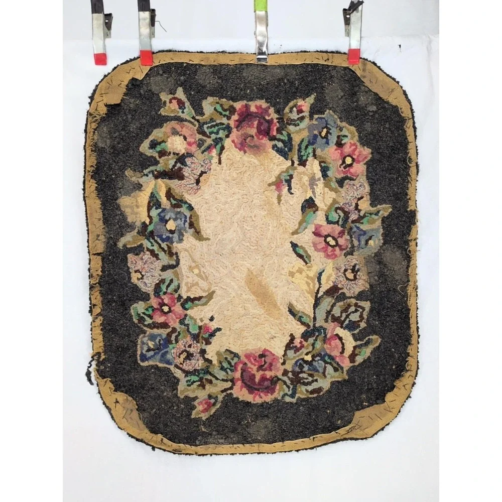 Vintage Hooked Rug Wool Early  Black Floral Pattern Oval 34